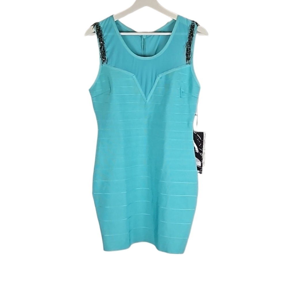 NEW Y2K Vintage WOW Couture Turquoise Blue Beaded Bodycon Party Cocktail Dress L